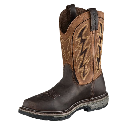 A single western-style boot shown in profile against a plain white background. The boot features a dark brown leather lower section, a tan leather shaft with decorative brown and beige stitched detailing, and a dark pull tab near the top.