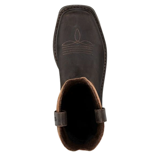A dark brown leather ankle boot shown from a top-down view, featuring a square toe, decorative stitching on the vamp, and a brown suede or shearling-lined interior.