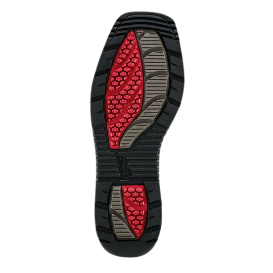 The outsole of a shoe shown from a top-down view, featuring a black rubber tread with textured red and gray grip patterns.