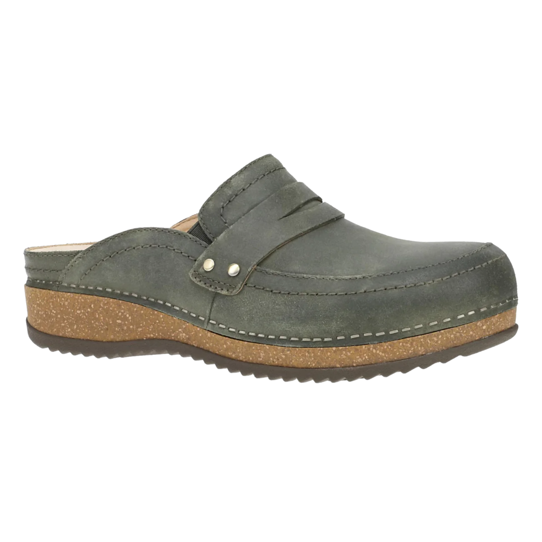 A olive leather clog shoe with a brown cork-wrapped midsole and a black outsole, shown from a side profile on a white background.