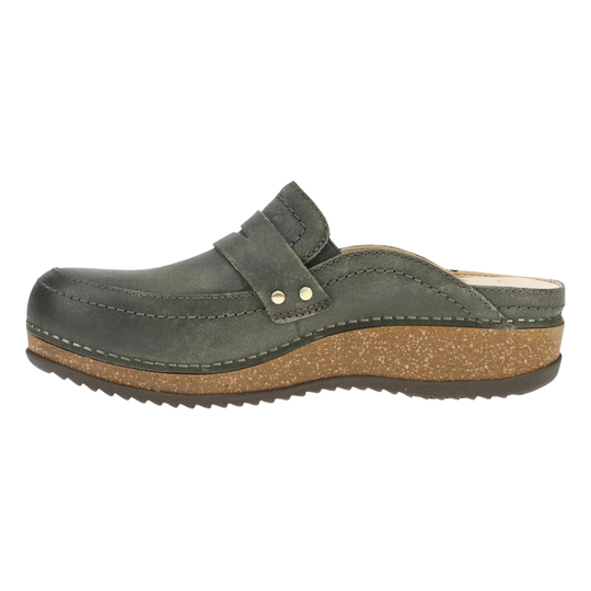 A dark olive green slip-on clog shoe with a textured cork midsole and a dark outsole, shown from a side profile view on a white background.