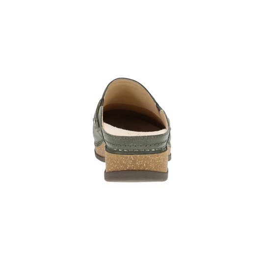 A single women's loafer-style clog shown from the back, featuring an olive green leather upper, a tan cork-textured midsole, and a dark brown outsole, set against a plain white background.