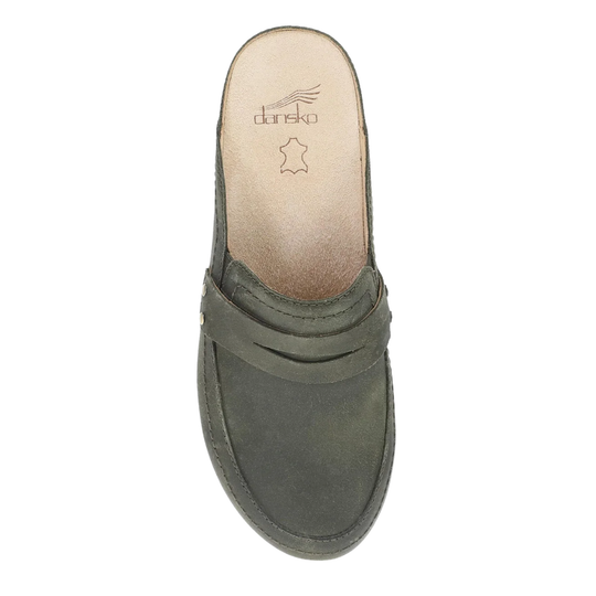 A single olive green slip-on mule shoe shown from a top-down view on a plain white background. The brand name 'domski' is visible on the tan insole.