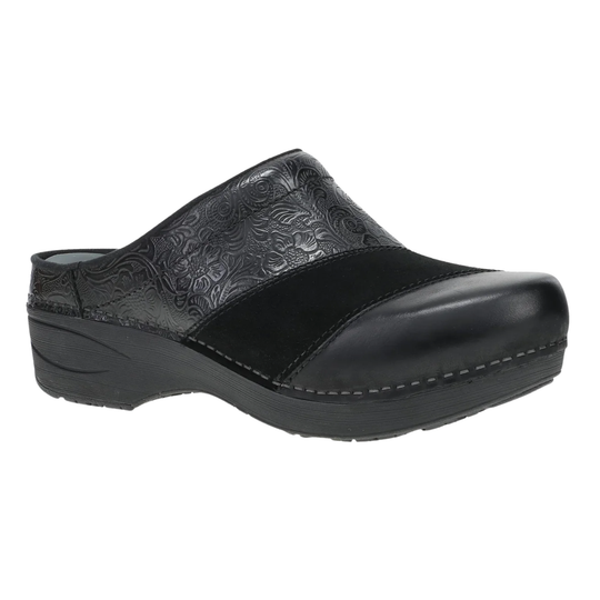 A black clog shoe with a textured embossed pattern on the upper strap, a smooth black leather toe cap, and a thick black platform sole, shown against a plain white background.