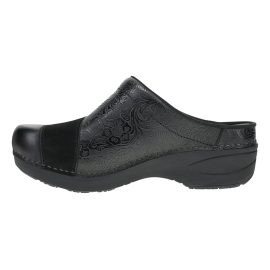 Black clog shoe with floral pattern on a white background