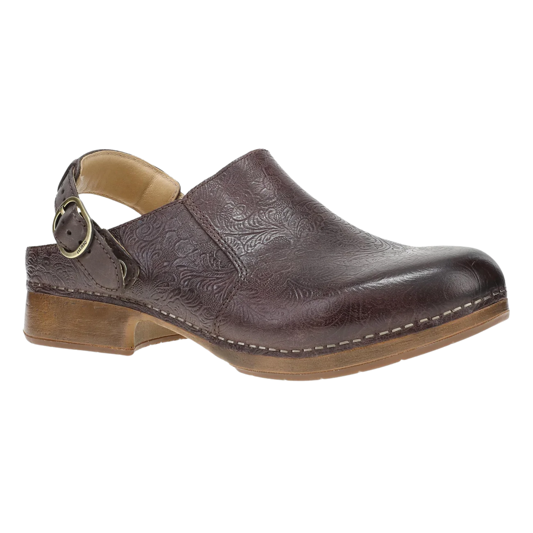 A dark brown embossed leather clog shoe with a slingback strap and a low stacked wooden heel, shown from a side profile on a white background.