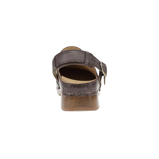 A single women's Mary Jane-style shoe shown from the back, featuring a dark brown embossed leather strap with a silver buckle and a brown block heel, set against a plain white background.