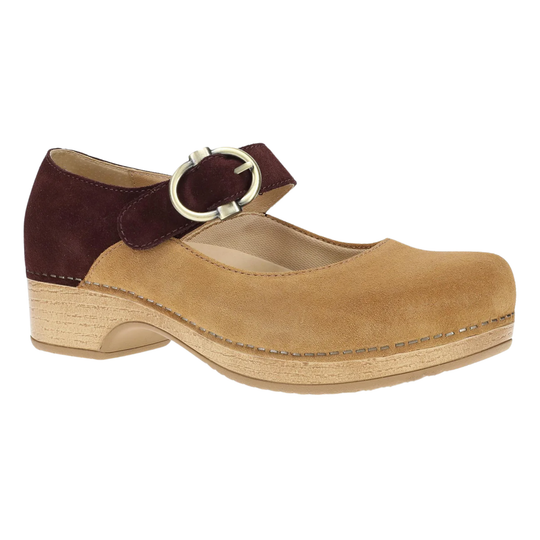 A women's Mary Jane clog shoe in tan suede with a dark burgundy suede heel counter and strap, featuring a silver-tone metal buckle and a natural cork-textured stacked wood heel, shown against a plain white background.