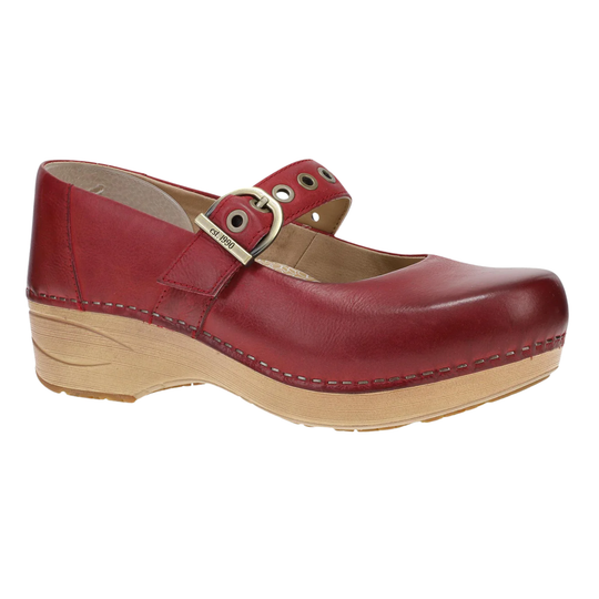 A single women's Mary Jane clog shoe in deep burgundy red leather, featuring a natural wood platform wedge and a silver-tone buckle strap with metal eyelets, shown against a plain white background.