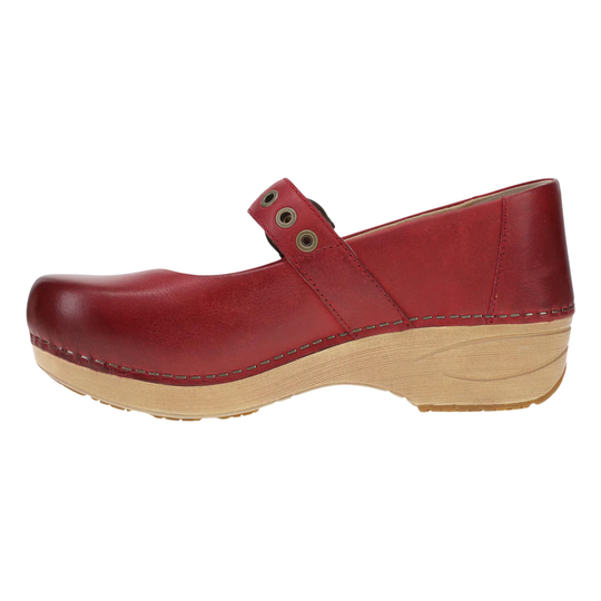Red leather clog shoe with a wooden sole on a white background