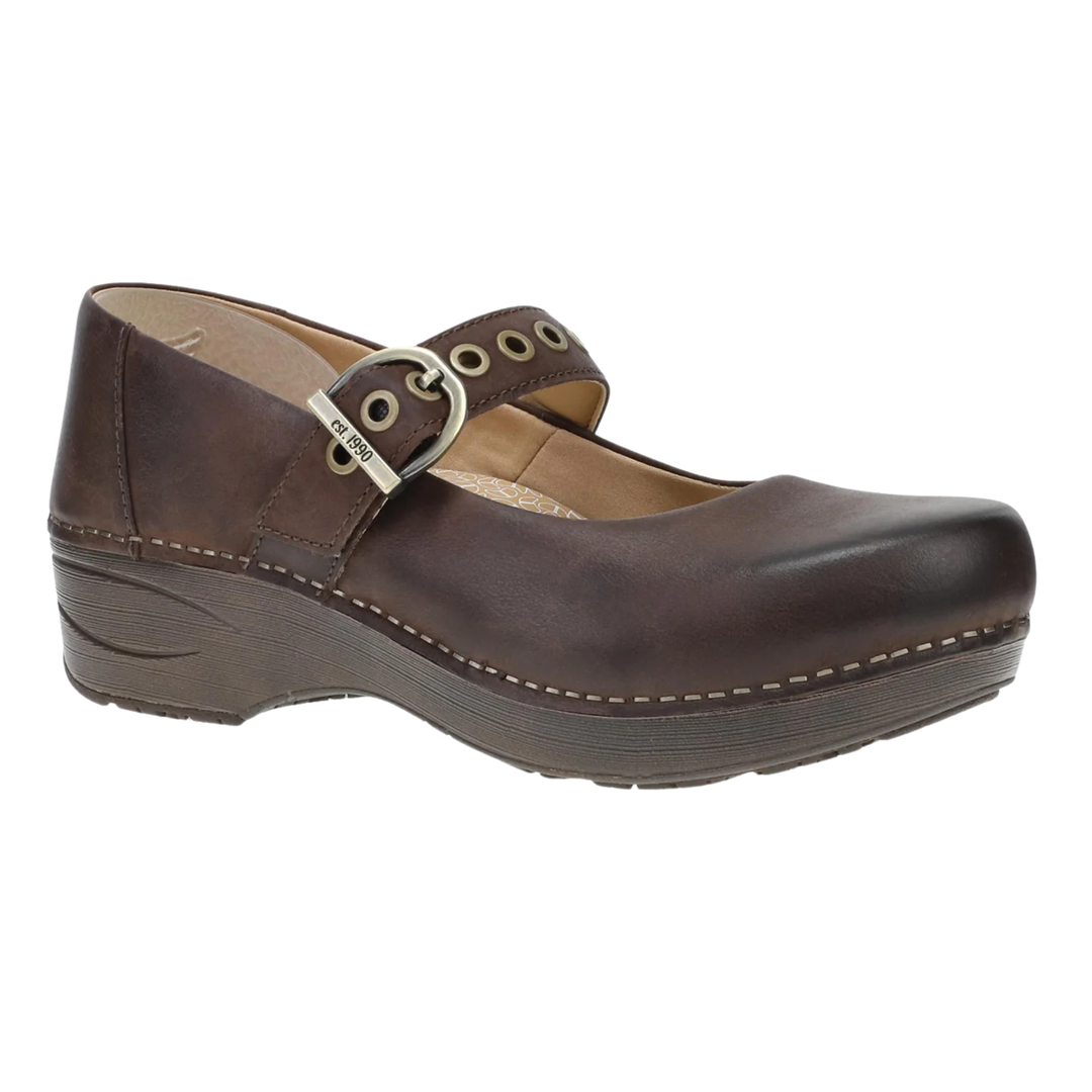 A dark brown leather Mary Jane clog shoe with a matching strap, metal eyelets, and a low wedge heel, shown against a plain white background.