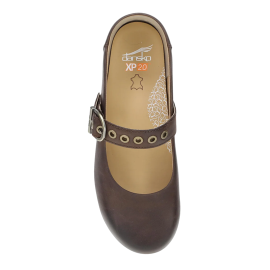 A single dark brown leather Mary Jane flat shoe with a decorative strap featuring metal grommets and a buckle, shown from a top-down view on a white background.