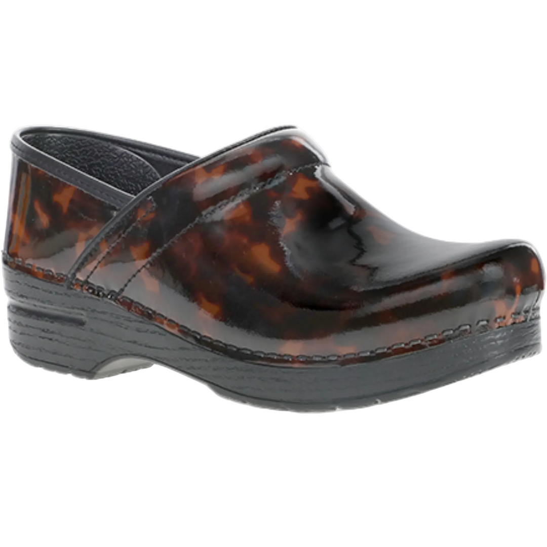 A single women's clog shoe with a glossy dark brown and amber tortoiseshell pattern, set against a plain white background.