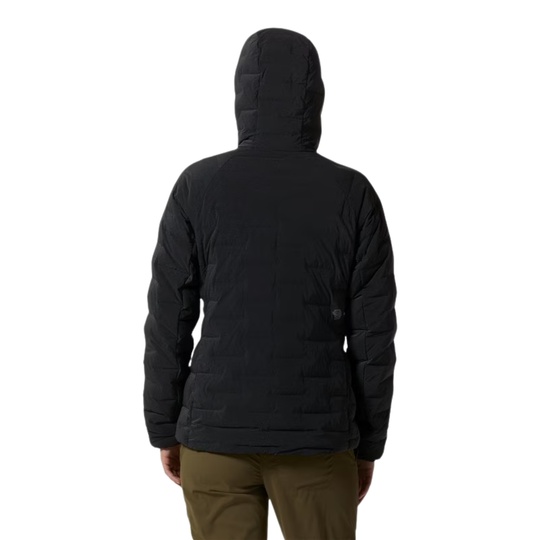 A person shown from the back wearing a black hooded puffer jacket and olive green pants against a plain white background.