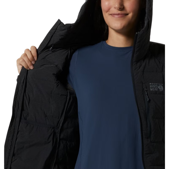 Person wearing a black jacket with a brand logo on a white background
