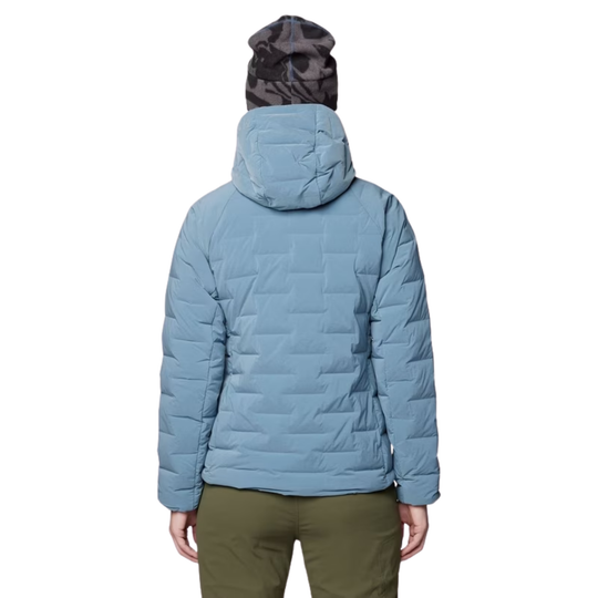 A person shown from the back wearing a light blue quilted puffer jacket, olive green pants, and a dark camouflage beanie against a plain white background.