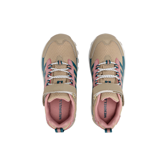 A pair of Merrell kids' sneakers shown from a top-down view. The shoes feature a beige mesh and synthetic upper with pink lining, pink laces, and teal side accents.