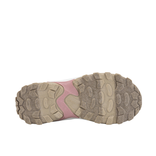 A top-down view of a shoe's sole, featuring a textured gray and beige rubber tread with a pink accent panel in the center, set against a plain white background.