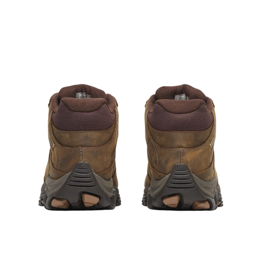 A pair of brown mid-cut hiking boots shown from the back, featuring a textured brown leather upper, dark brown collar, and a rugged black and brown sole, set against a plain white background.