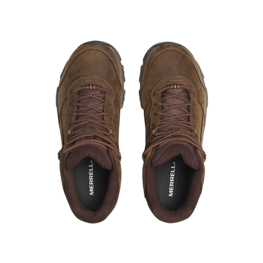 A pair of Merrell brown suede work boots shown from a top-down view on a plain white background.