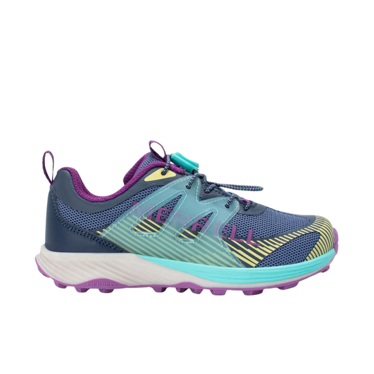 A multicolor trail running shoe from Hoka, featuring a navy blue mesh upper with light blue and purple overlays, a white midsole, and purple and teal accents.