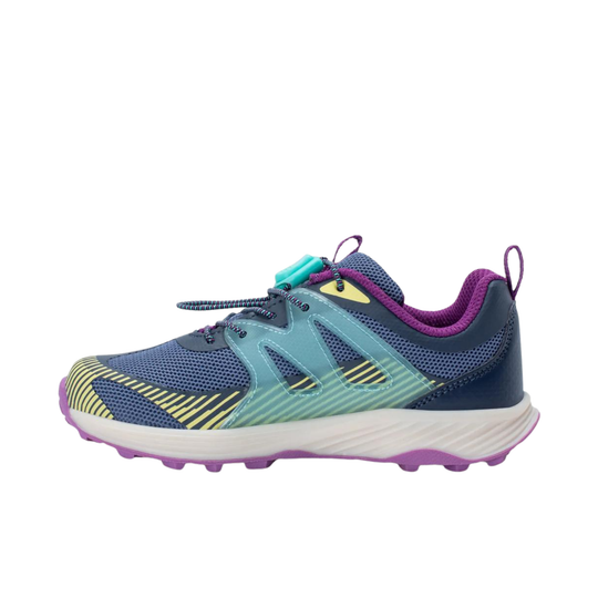 A multicolor trail running shoe from Hoka, featuring a navy blue mesh upper with light blue and purple overlays, a white midsole, and purple and teal accents.