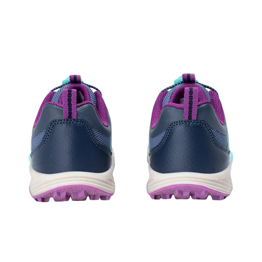 A pair of children's athletic sneakers shown from the back, featuring a navy blue and purple upper with a white midsole and purple outsole.