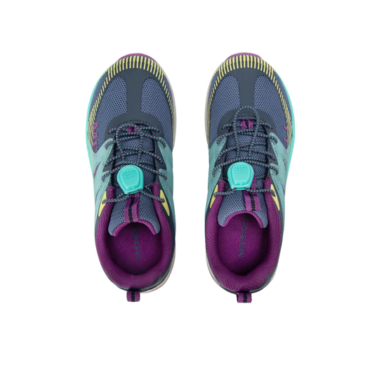 A pair of athletic shoes shown from a top-down view, featuring a dark gray mesh upper with teal and purple accents, a teal BOA dial closure, and purple lining.