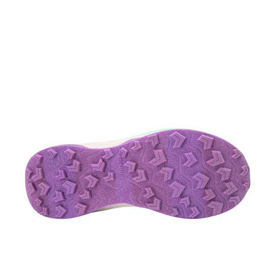 A close-up view of a shoe's sole, showing a textured purple tread pattern with a white edge, isolated on a white background.