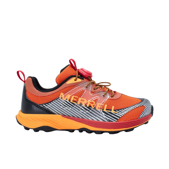 Merrell trail running shoe in orange, black, and gray with a red dial closure and orange sole, shown from the side on a white background.