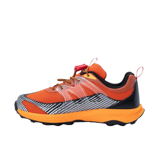 A low-top athletic trail running shoe in vibrant orange, black, and gray, featuring a breathable mesh upper, patterned synthetic overlays, and a thick orange and black midsole, shown from a side profile on a white background.