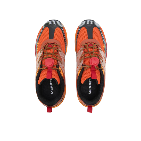 Orange and black running shoes with red accents on a white background