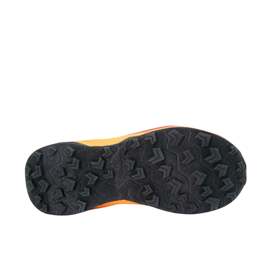 Black shoe sole with a yellow label on a white background