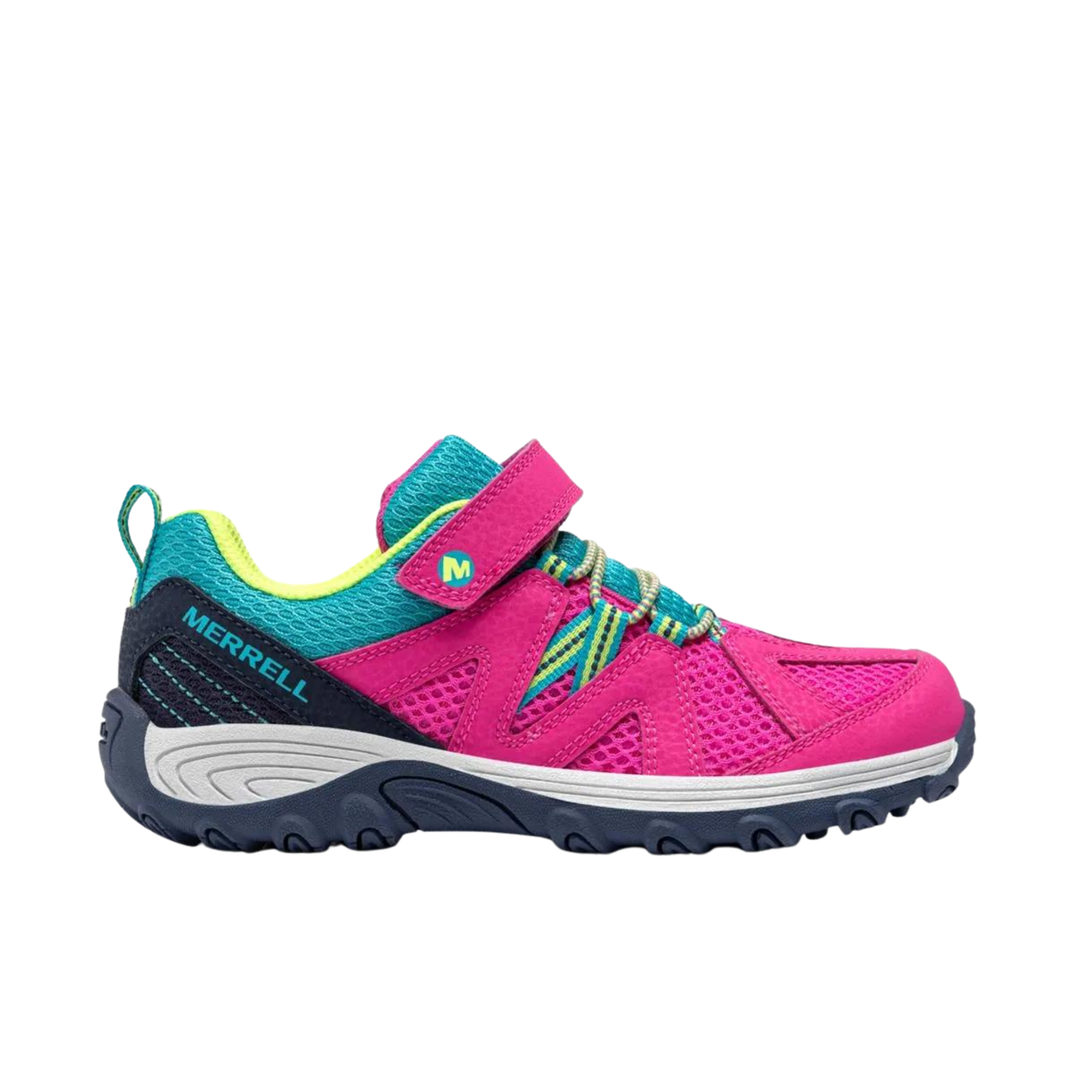 A pink Merrell kids' trail running shoe with teal, navy, and neon yellow accents, shown in a side profile on a white background.