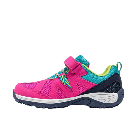 A children's athletic sneaker in bright pink mesh with a teal mesh side panel, navy blue heel and sole, a hook-and-loop strap closure, and lime green accents.