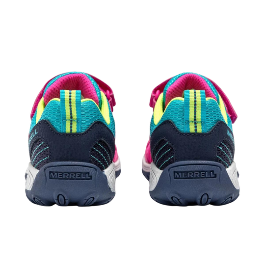 A pair of Merrell athletic sneakers shown from the back, featuring a navy blue heel and toe, a teal midfoot cage with neon yellow stripes, and bright pink laces and collar lining, set against a plain white background.