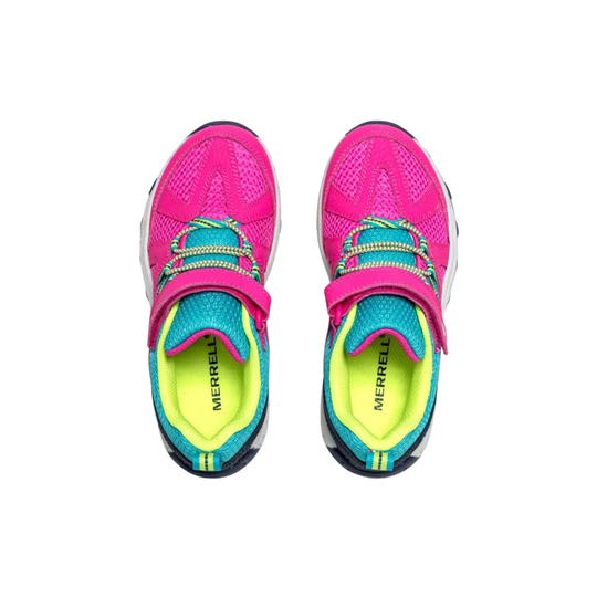 A pair of Merrell athletic sneakers shown from a top-down view, featuring a vibrant pink mesh upper, turquoise and neon yellow accents, and hook-and-loop strap closures.