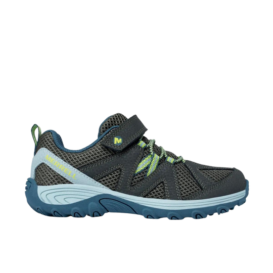 A Merrell kids' hiking shoe in dark gray mesh with a blue sole, light blue midsole accent, lime green laces, and a hook-and-loop strap closure.