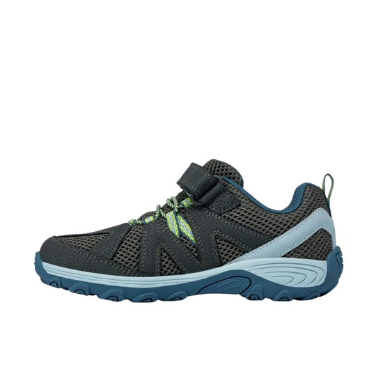 A dark gray mesh athletic shoe with a hook-and-loop strap, light blue midsole, and blue sole, shown from a side profile on a white background.