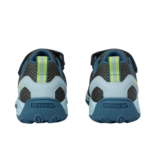A pair of Merrell kids' sneakers shown from the back, featuring a light blue and dark gray mesh upper with a bright yellow-green reflective vertical stripe on the heel.