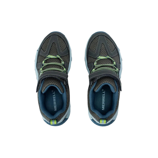 A pair of Merrell toddler sneakers shown from a top-down view, featuring a dark gray mesh upper with lime green laces and accents, a blue interior lining, and a light gray sole.