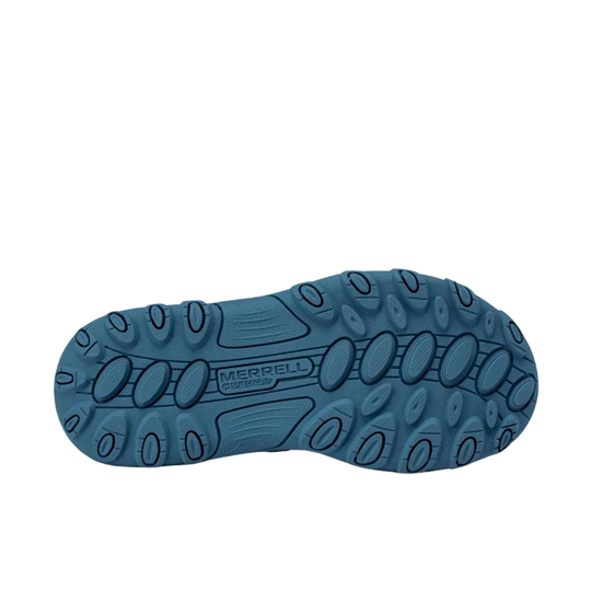 The blue treaded sole of a Merrell hiking shoe, shown from a top-down view against a plain white background.