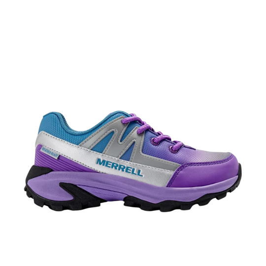 Merrell trail running shoe in purple, blue, and silver with a black and purple sole, shown from the side on a white background.