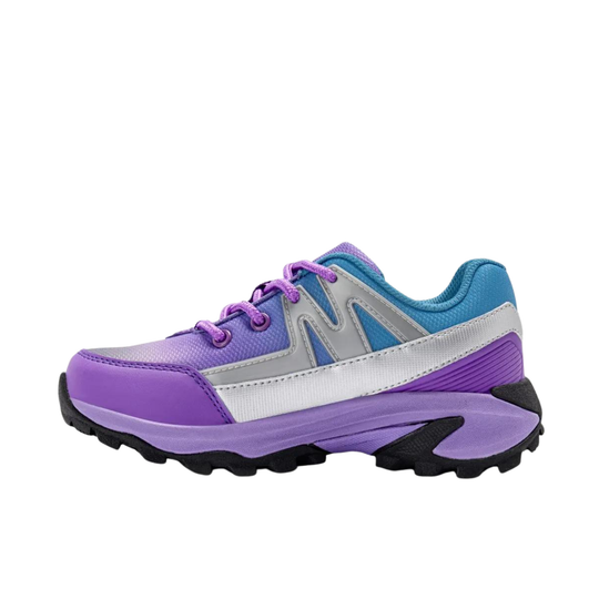 A purple and blue athletic sneaker with a silver side stripe, purple laces, and a black and purple sole, shown from a side profile on a white background.