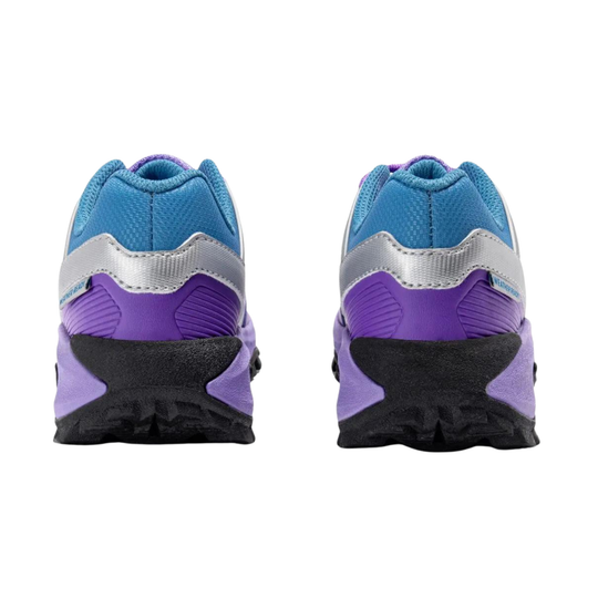 A pair of athletic trail running shoes shown from the rear, featuring a blue mesh upper, a metallic silver midsole accent, a purple heel counter, and a black outsole.