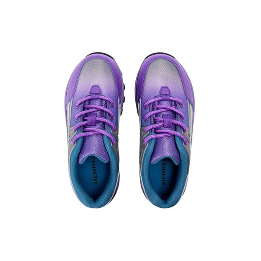A pair of Merrells athletic sneakers shown from a top-down view, featuring a purple and white gradient upper with blue accents on the collar and lining, and purple laces.