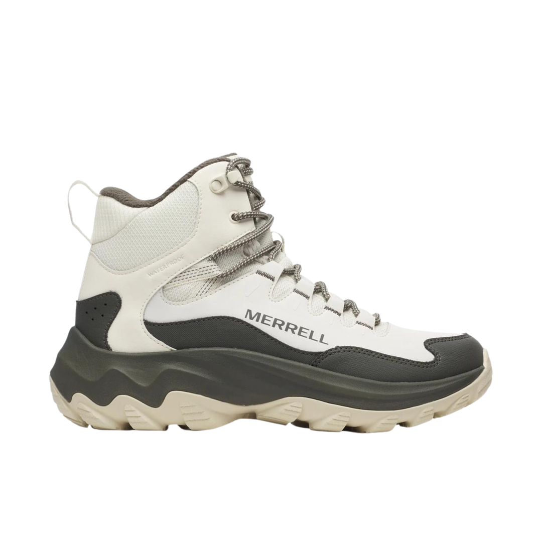 Right facing Merrell winter boot chalk top with dark grey accents. Merrell logo seen on boot. On a plain white background.