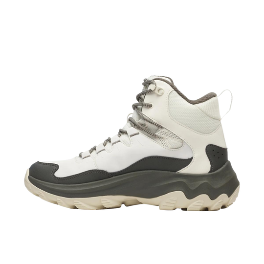 Left facing Merrell winter boot chalk top with dark grey accents. On a plain white background.