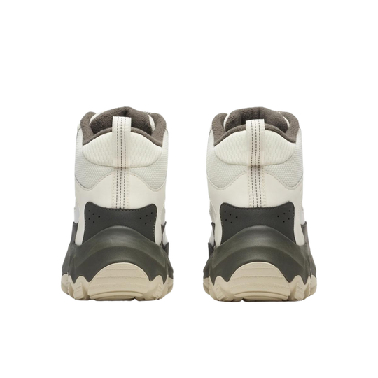 A pair of Merrell mid-height hiking shoes shown from back of heels view, featuring a white upper with dark gray accents.