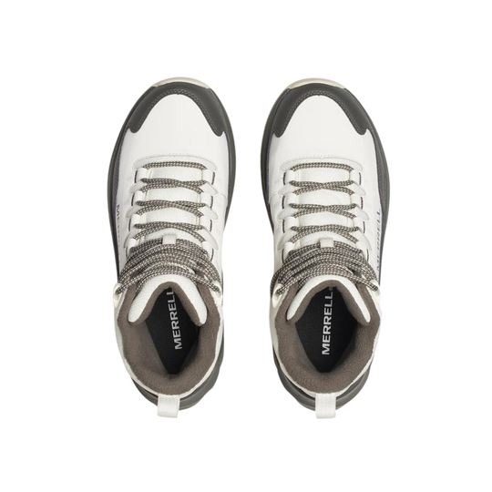 A pair of Merrell mid-height hiking shoes shown from a top-down view, featuring a white upper with dark gray accents, gray laces, and a gray pull tab.